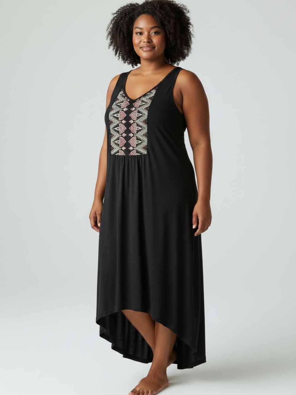 Style & Co. Black Sleeveless High-Low Dress with Pink & Cream Embroidered Panel